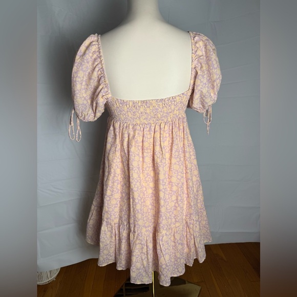 The Impeccable Pig Orange and Purple Ruched Puff Sleeve Midi Dress - Picture 2 of 8